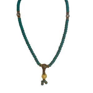 Vintage green beaded 16” Necklace Carved Yellow Jade or Jasper Pendant